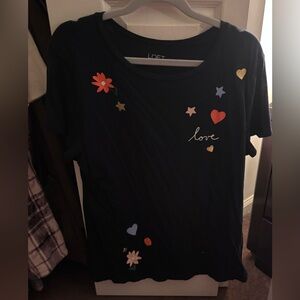 LOFT Navy Tee with Colorful Heart and Flower Accents